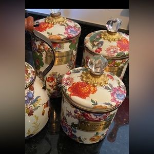 Mackenzie-Childs flowered 3 piece canister set excellent condition